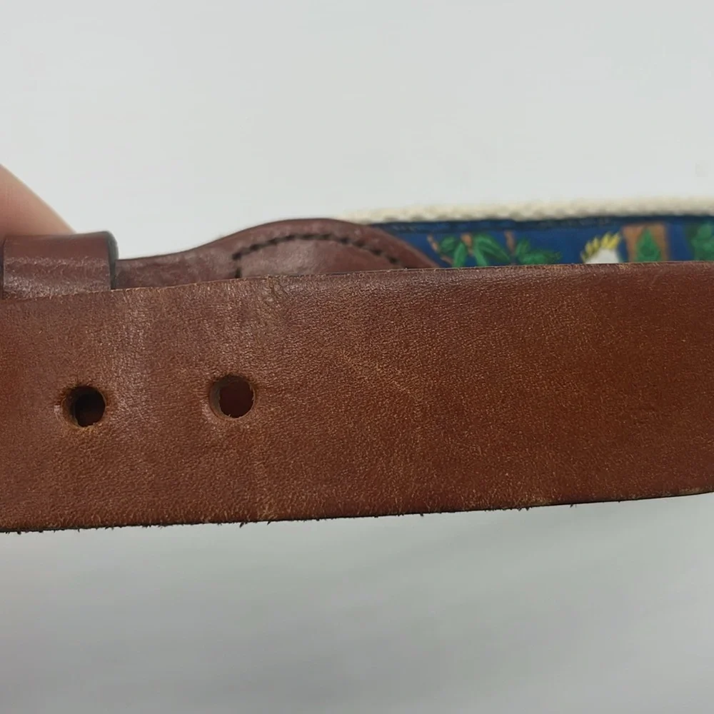 Tropical Bird Patterned Leather Belt with Solid Brass Buckle